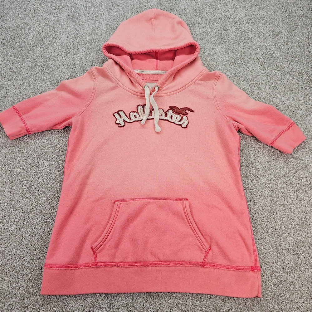 Vtg 90s Hollister Ombre Pink Hoodie Sweatshirt Women's XL Short Sleeve‎ Hooded